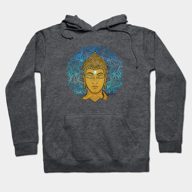 Golden Face of Buddha in a Blue Mandala Hoodie by MandalaSoul